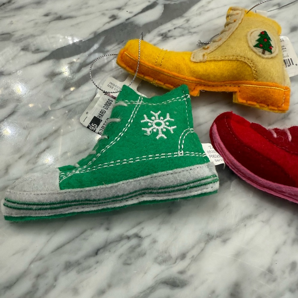 NWT Handcrafted Felt Ornament Set - Green, Yellow, Red Shoes Sneakers Boots - Picture 3 of 3